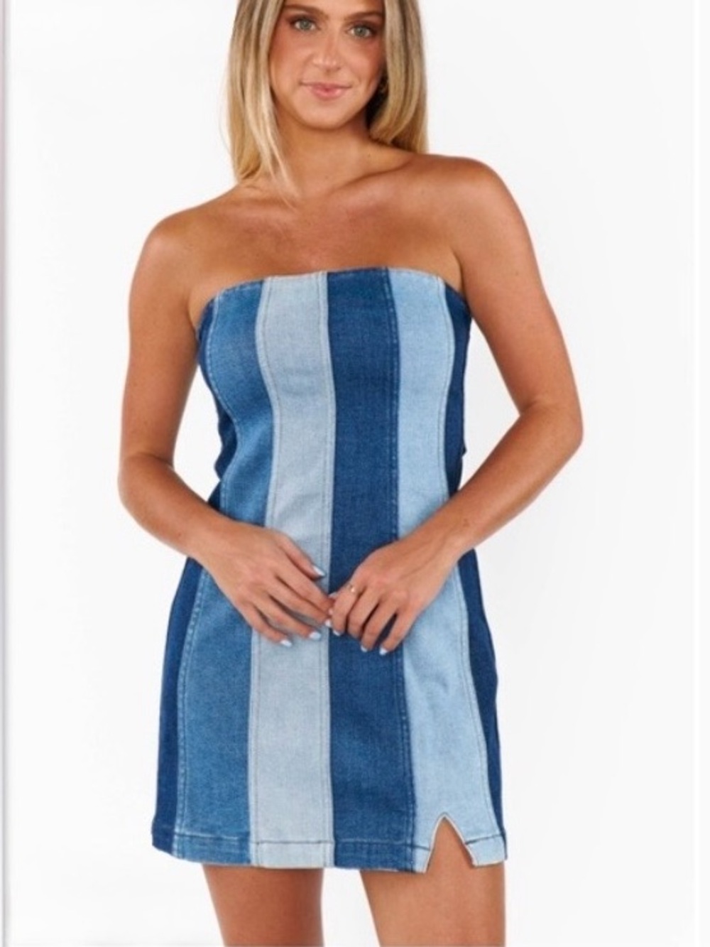 Show Me Your Mumu Coronado Corset Dress Shady Indigo Stripe Denim Mini - M